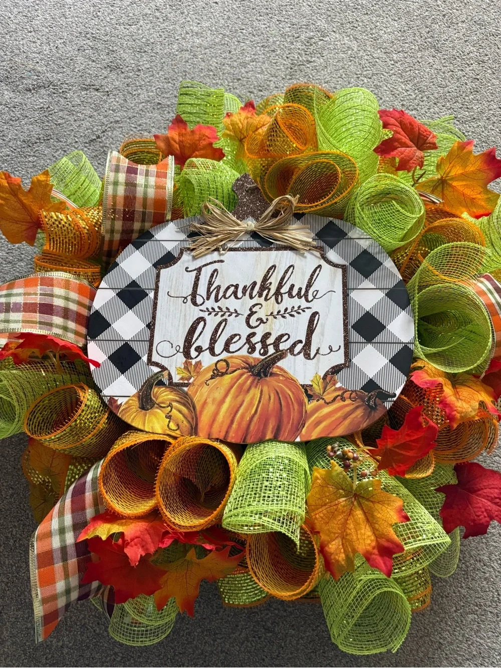 Hand Crafted Thankful & Blessed Wreath - Orange, Green